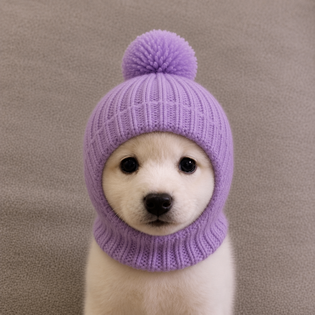 White puppy wearing a purple knit hat