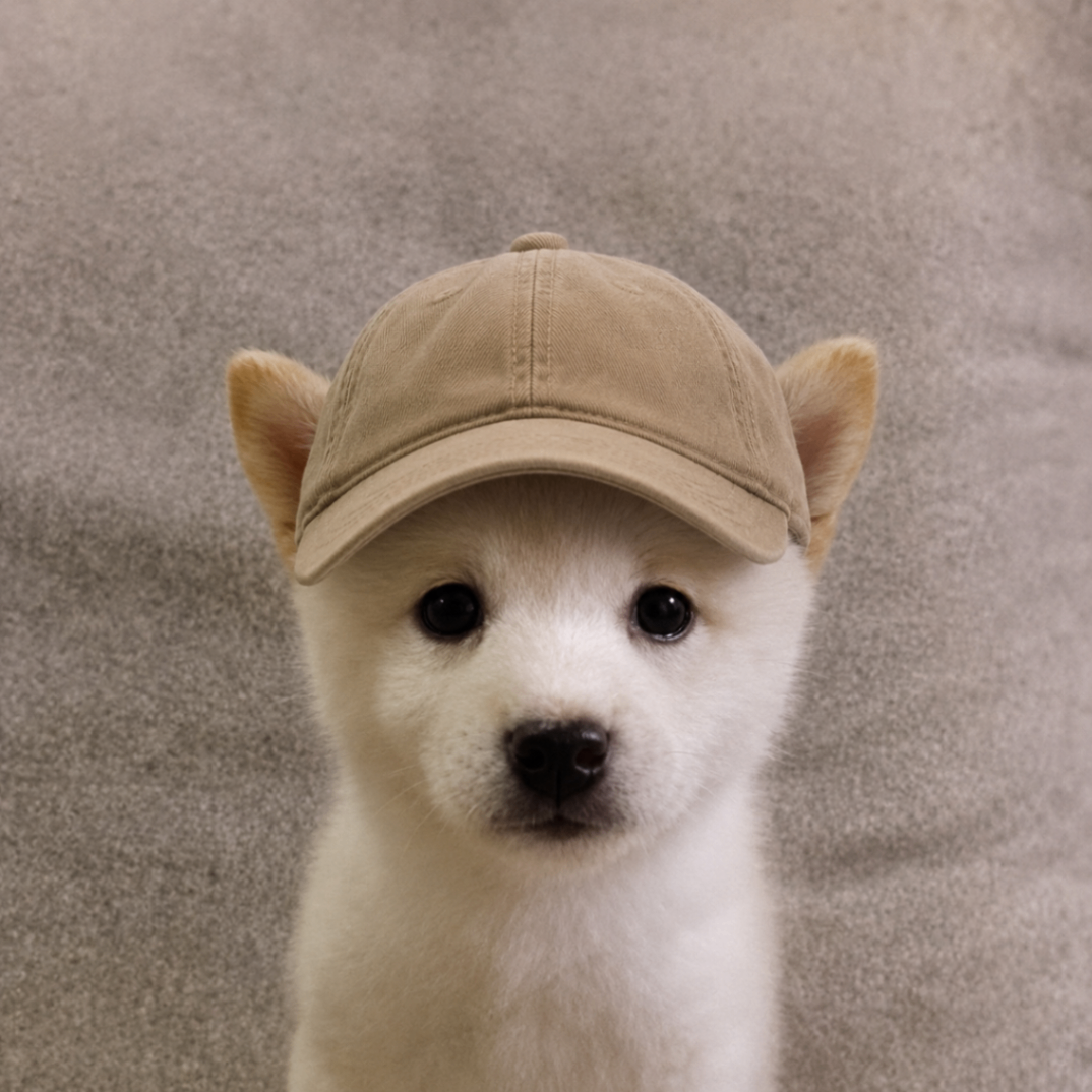 White puppy wearing a beige cap