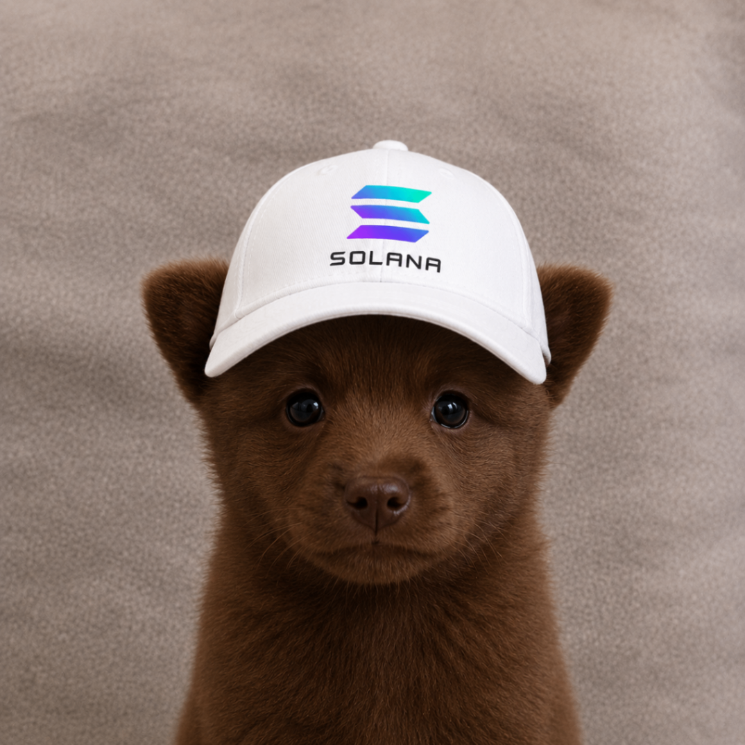 Brown puppy wearing a white Solana cap