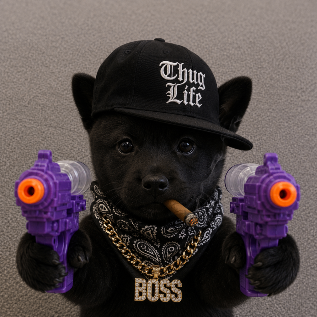 Black puppy with chain, cap and purple toy blasters