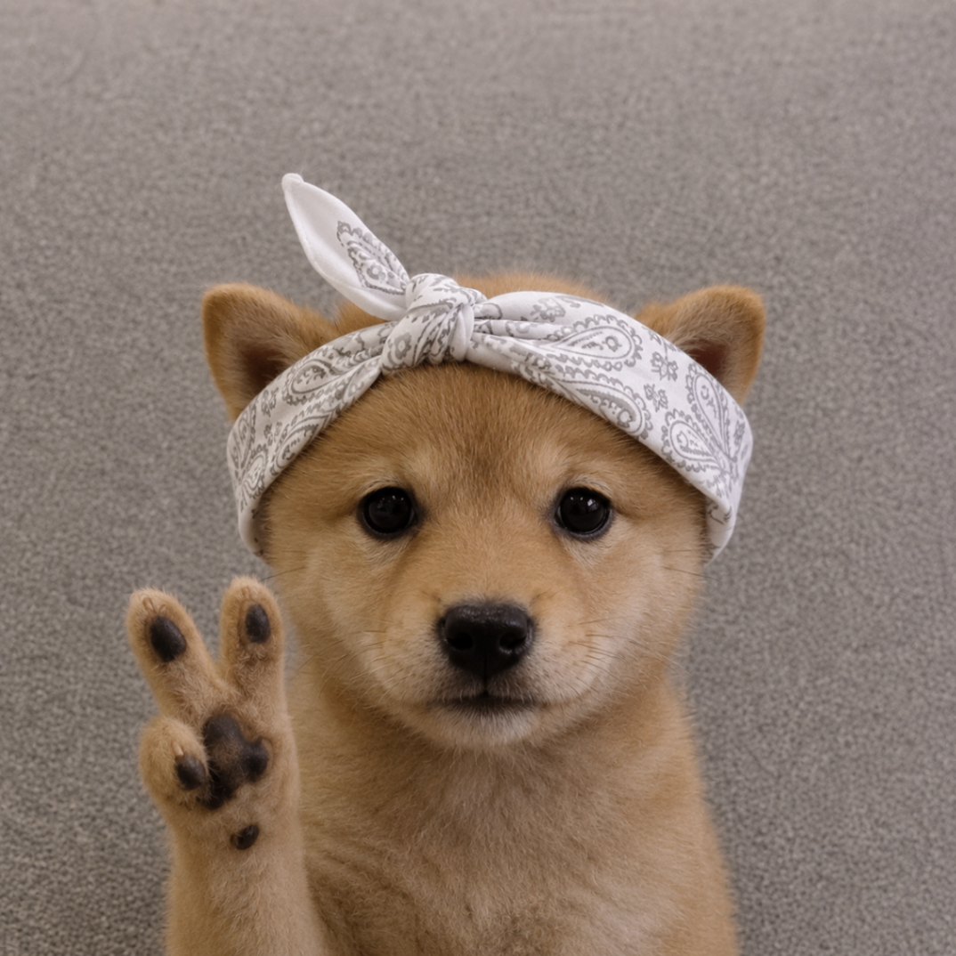 Brown puppy with white bandana making a peace sign
