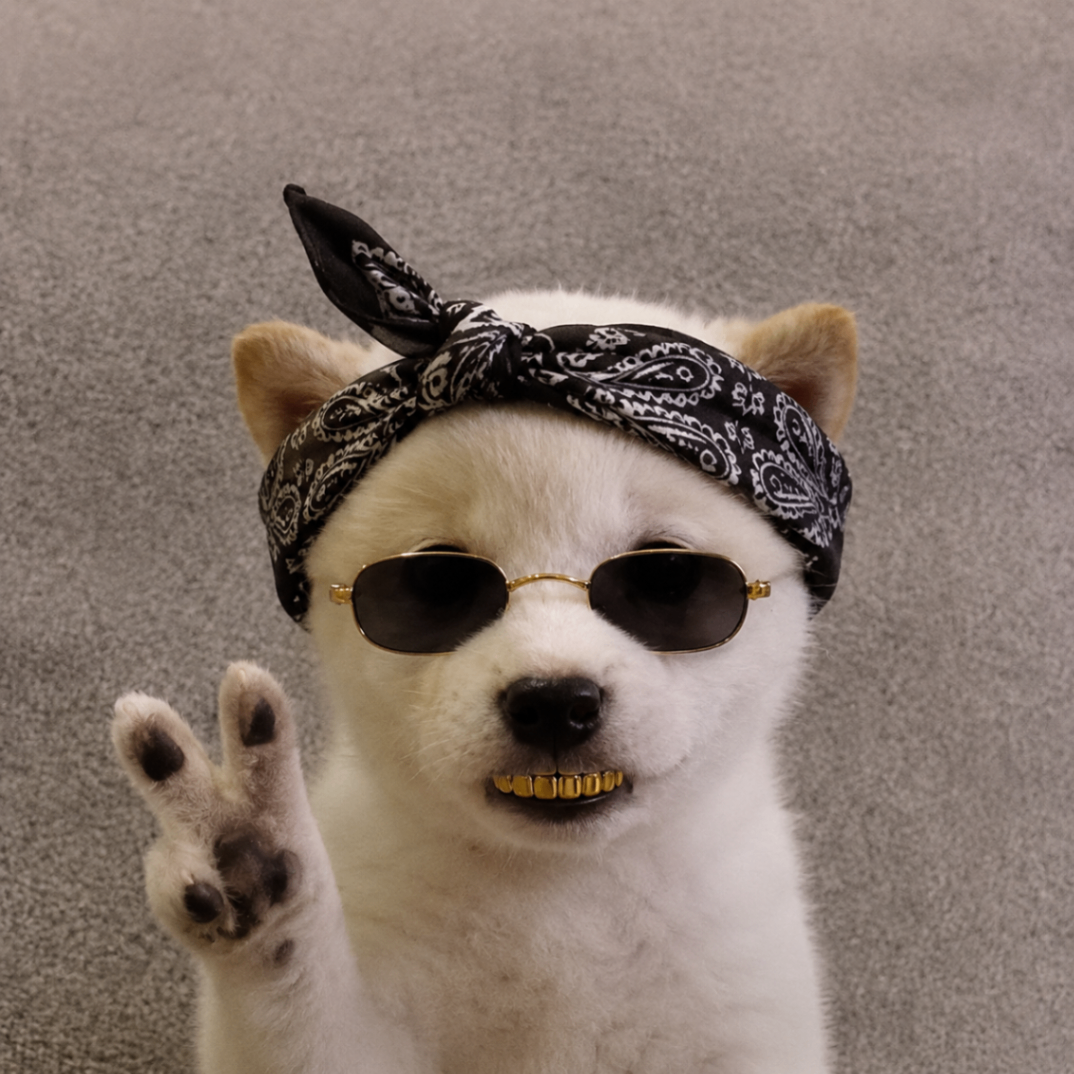 White puppy with sunglasses, bandana and gold grill