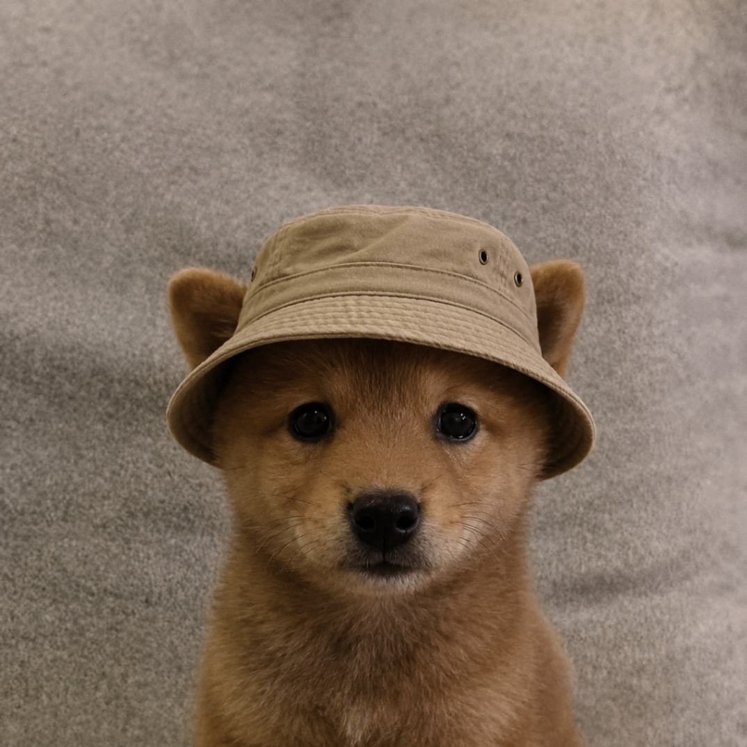 Brown puppy with bucket hat portrait
