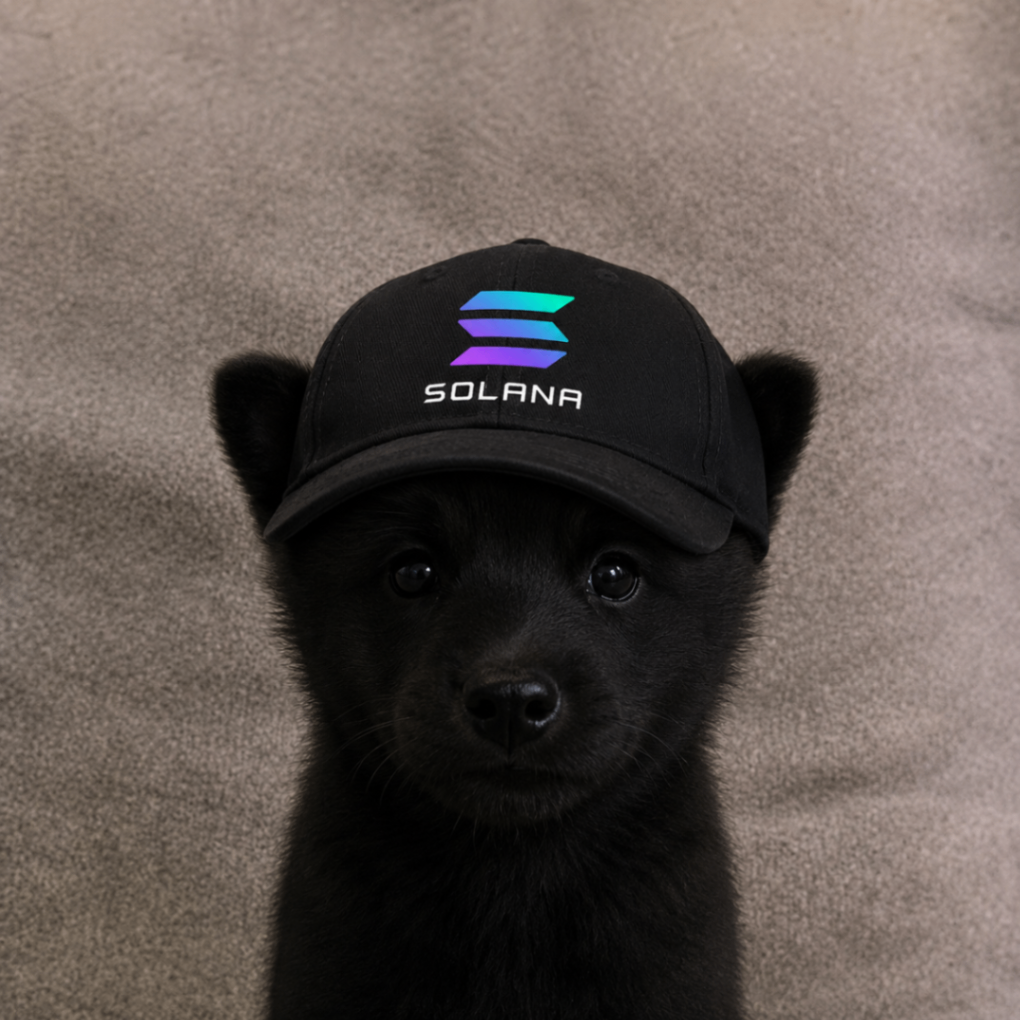 Black puppy wearing a black Solana cap