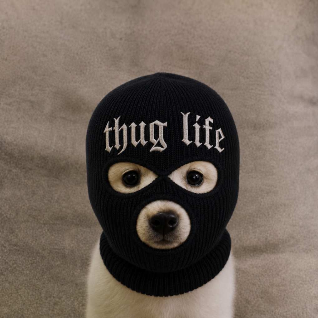 White puppy wearing a black thug life ski mask