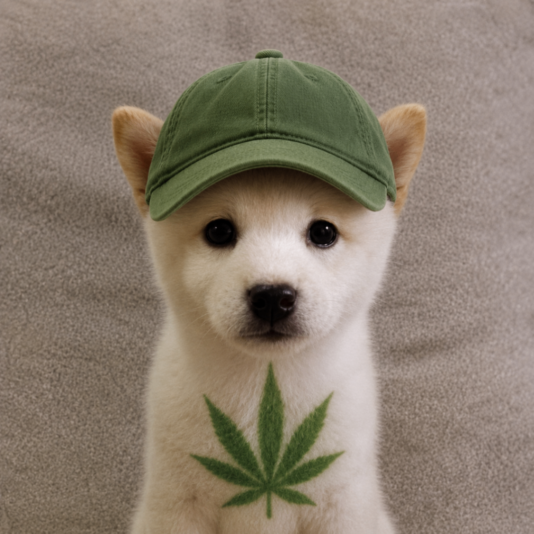 White puppy with green cap and leaf graphic