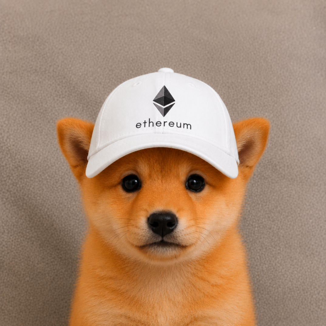 Orange puppy wearing a white Ethereum cap