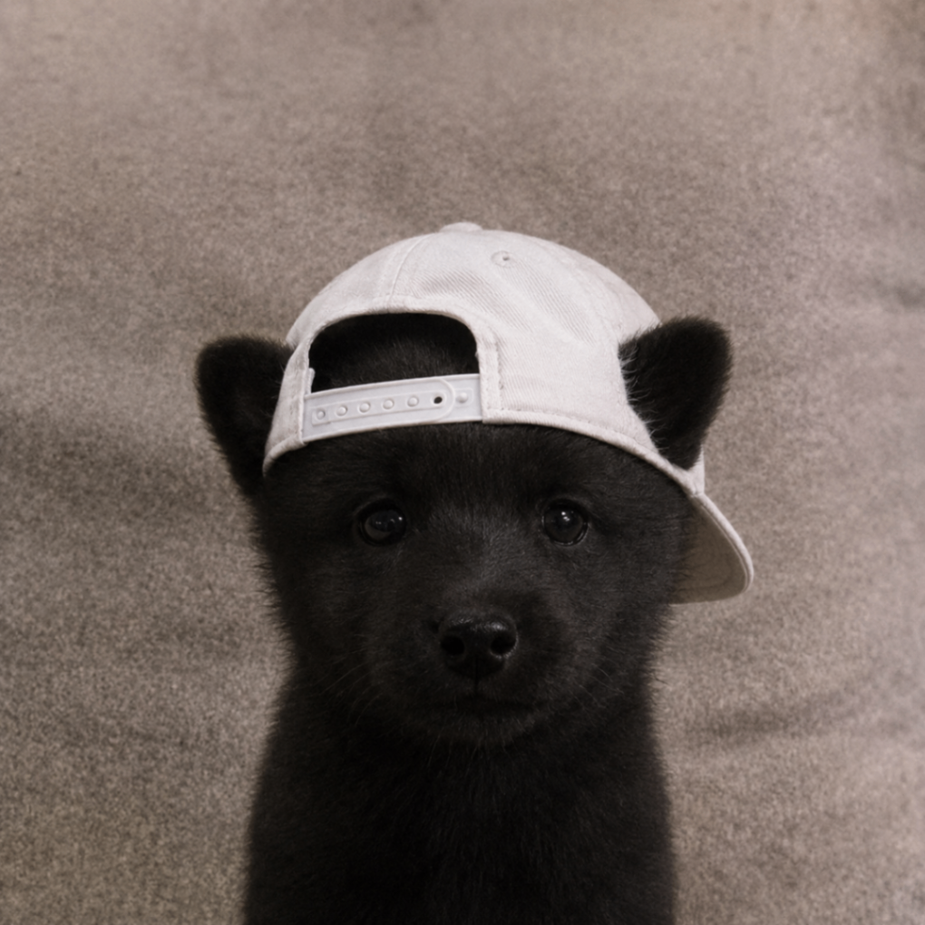 Black puppy wearing a sideways white cap