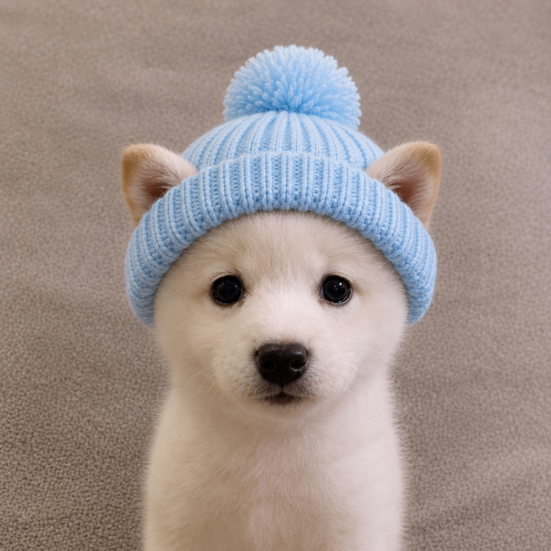 White puppy with blue pom beanie portrait