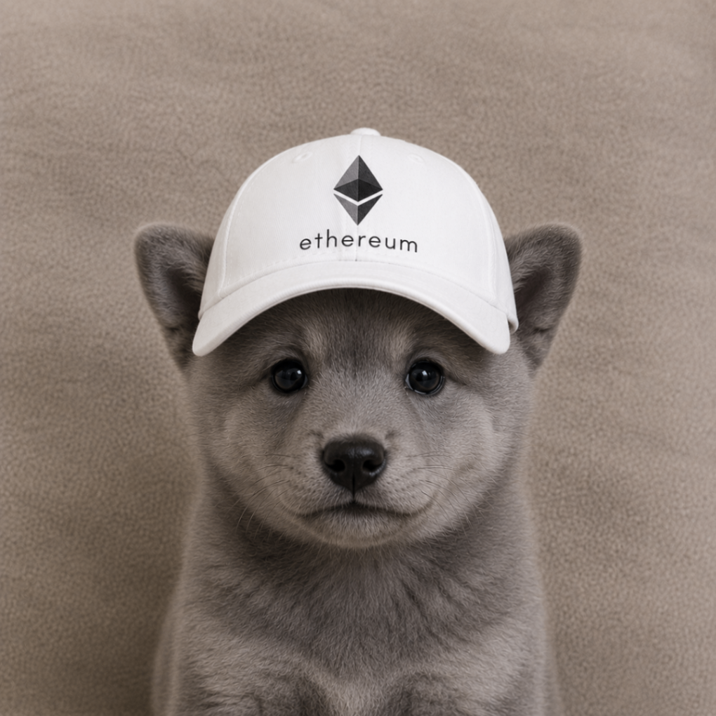 Gray puppy wearing a white Ethereum cap