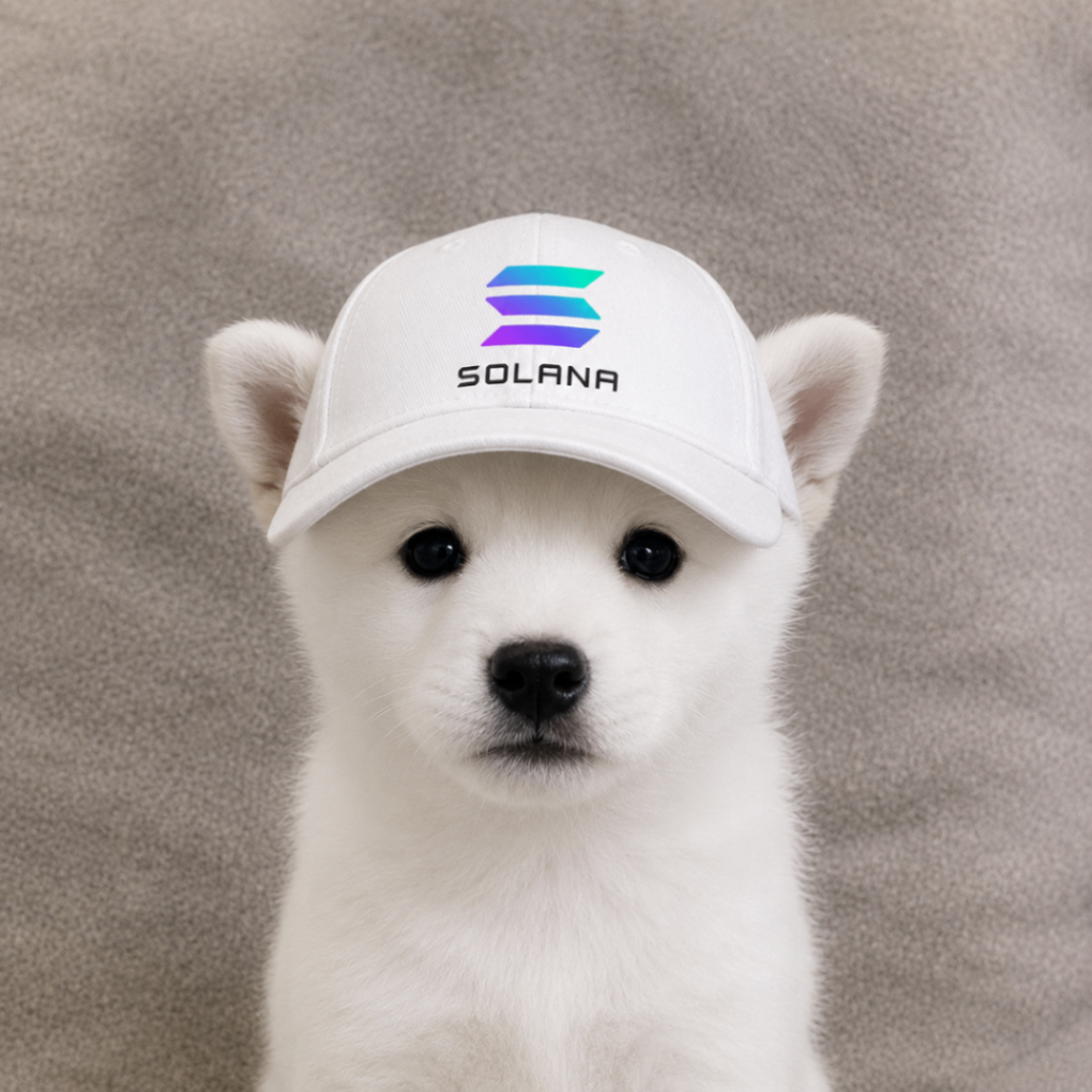 White puppy with white Solana cap portrait