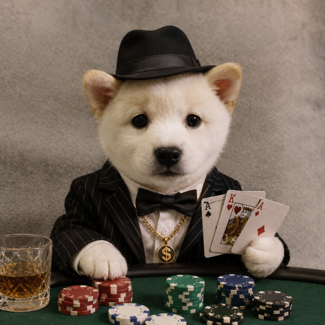White puppy in a suit playing poker at a casino table