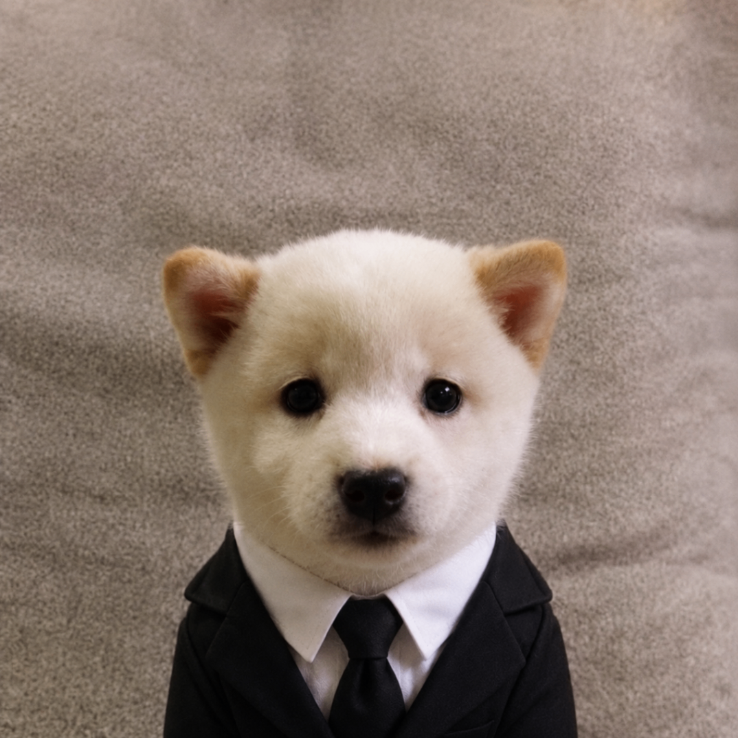 White puppy in a black suit and tie