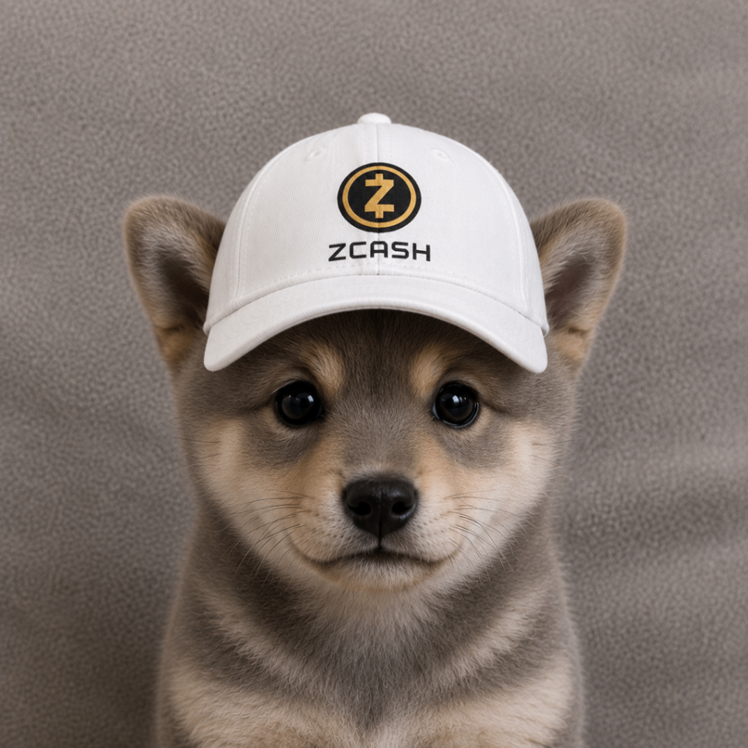 Gray puppy wearing a white Zcash cap