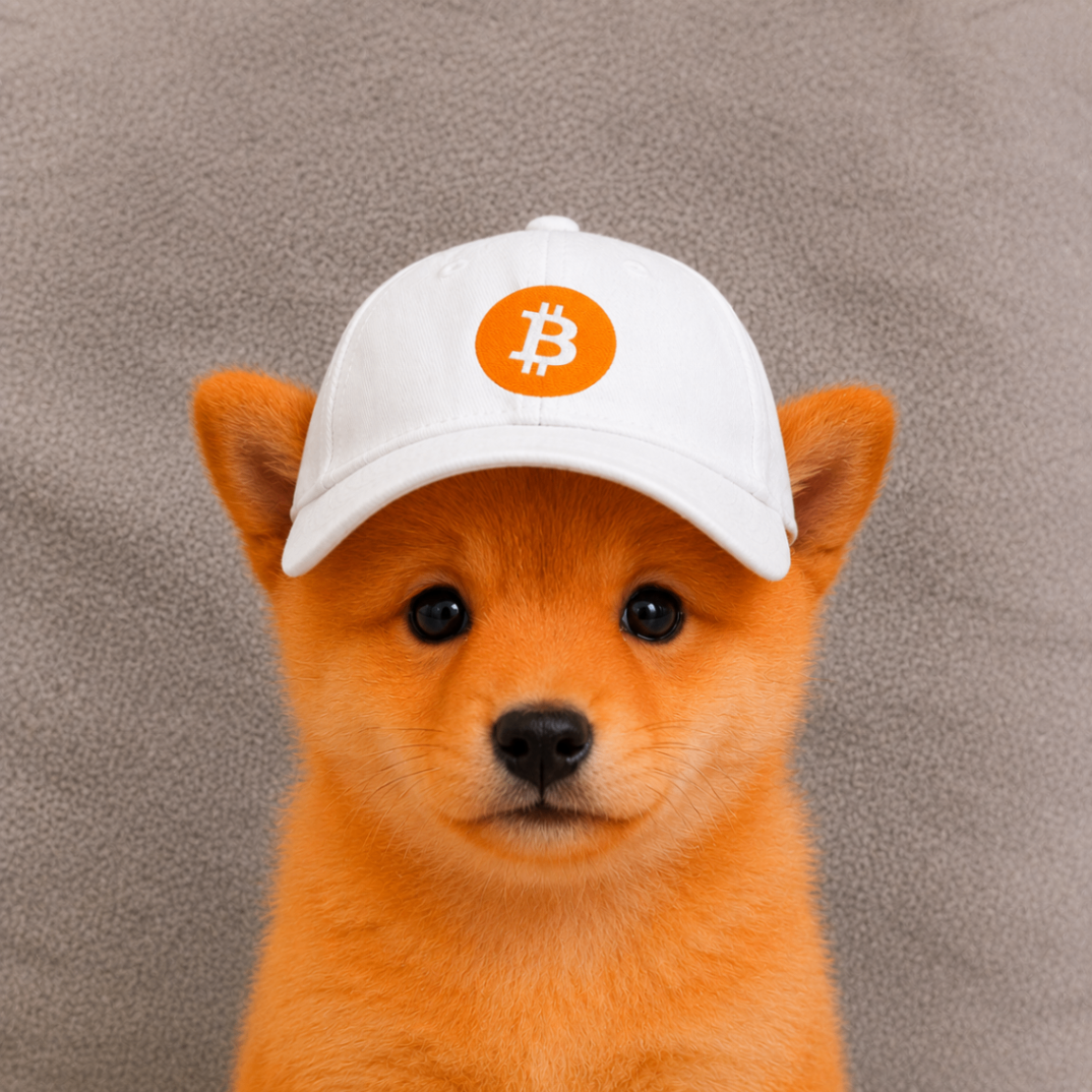 Orange puppy wearing a white Bitcoin cap