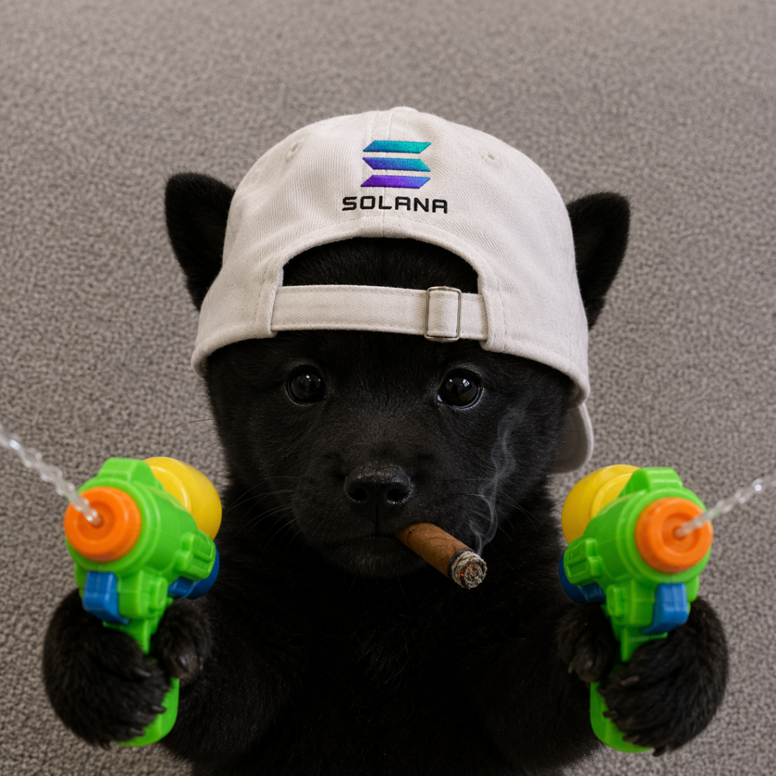 Black puppy with hat, cigar and water guns