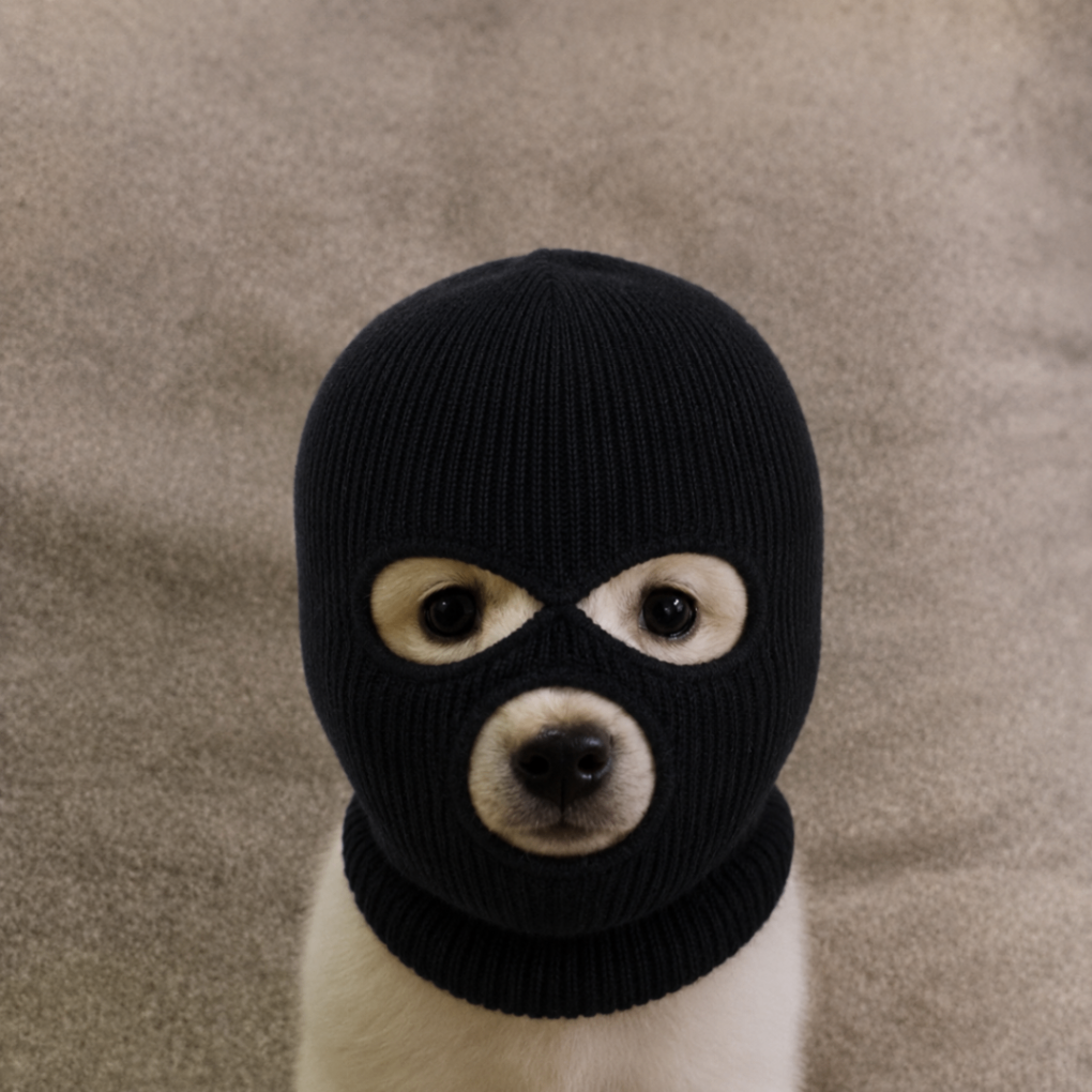 White puppy wearing a black ski mask