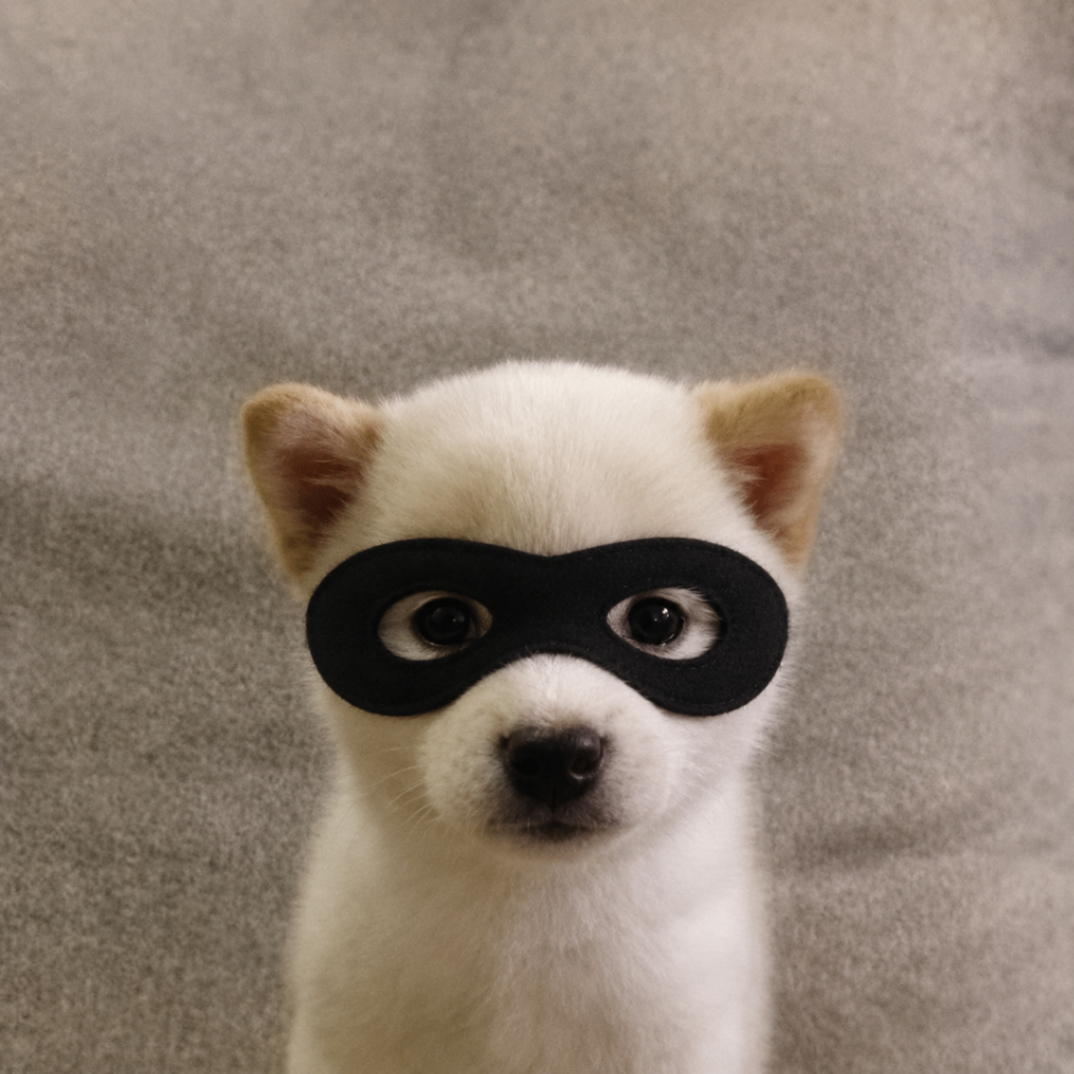 White puppy wearing a black eye mask
