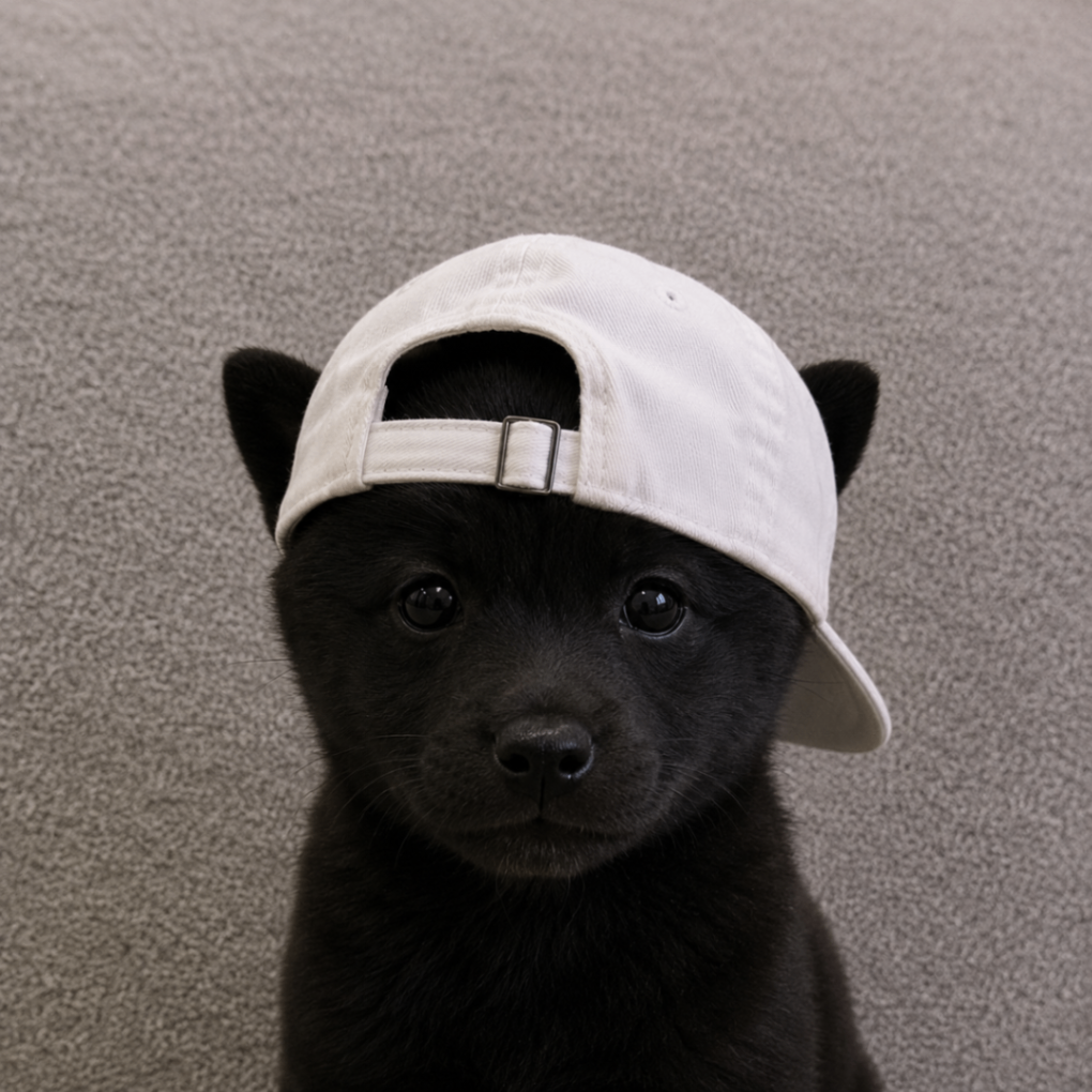 Black puppy with sideways white cap portrait