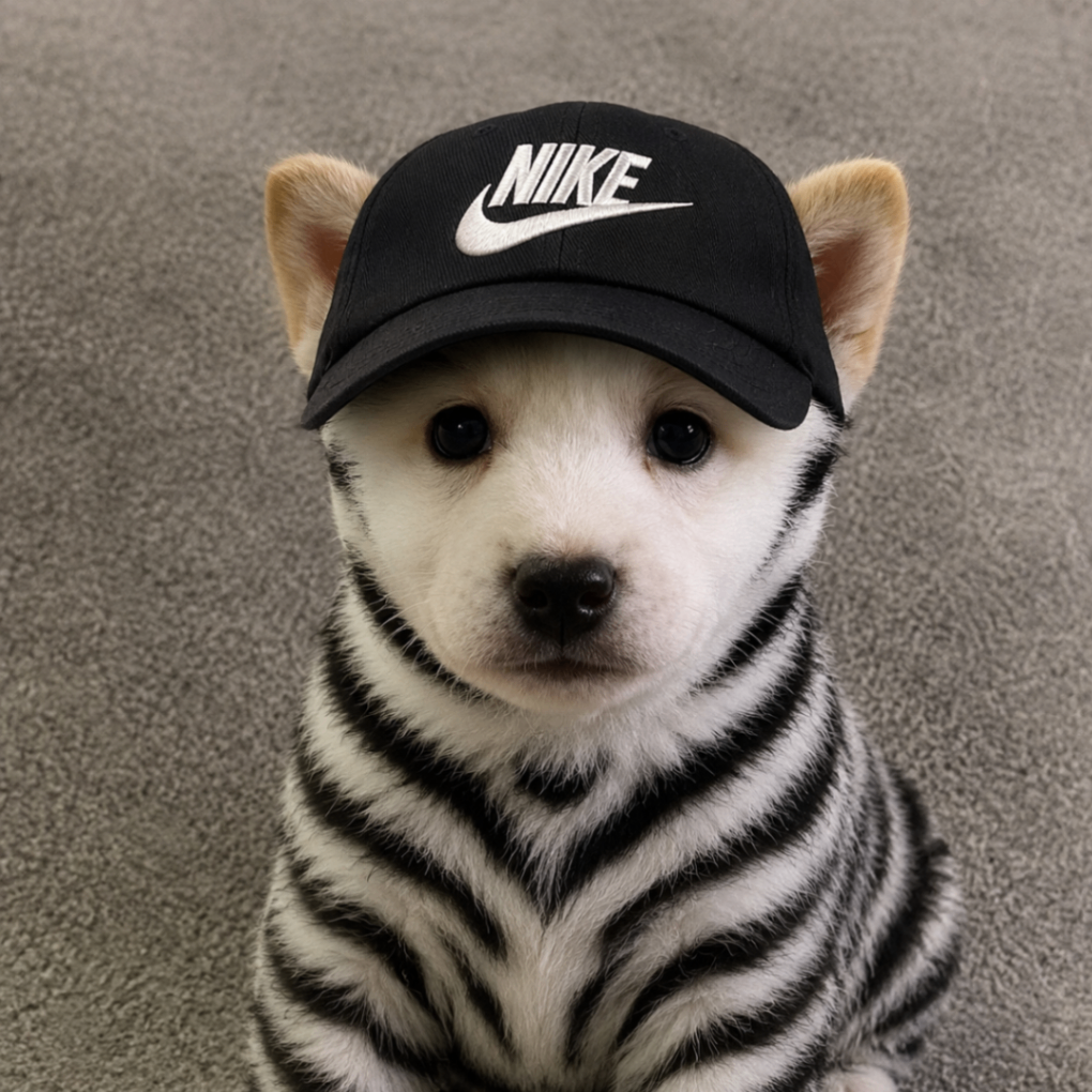 Shiba puppy with black cap and striped outfit