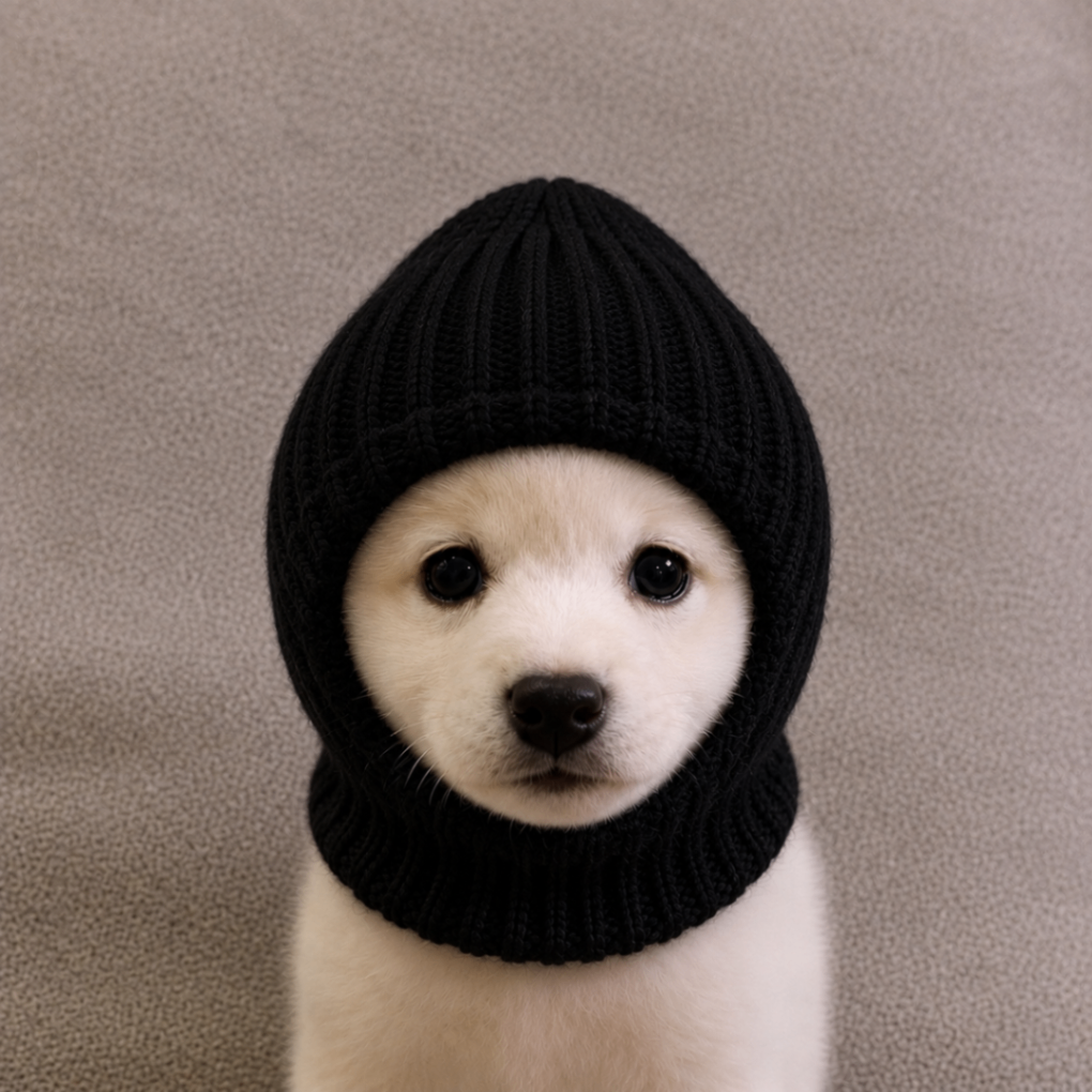 White puppy wearing a black knit hood